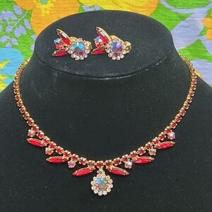 Vintage 50s Aurora Borealis Red Rhinestone Choker Necklace Clip On Earring Set
